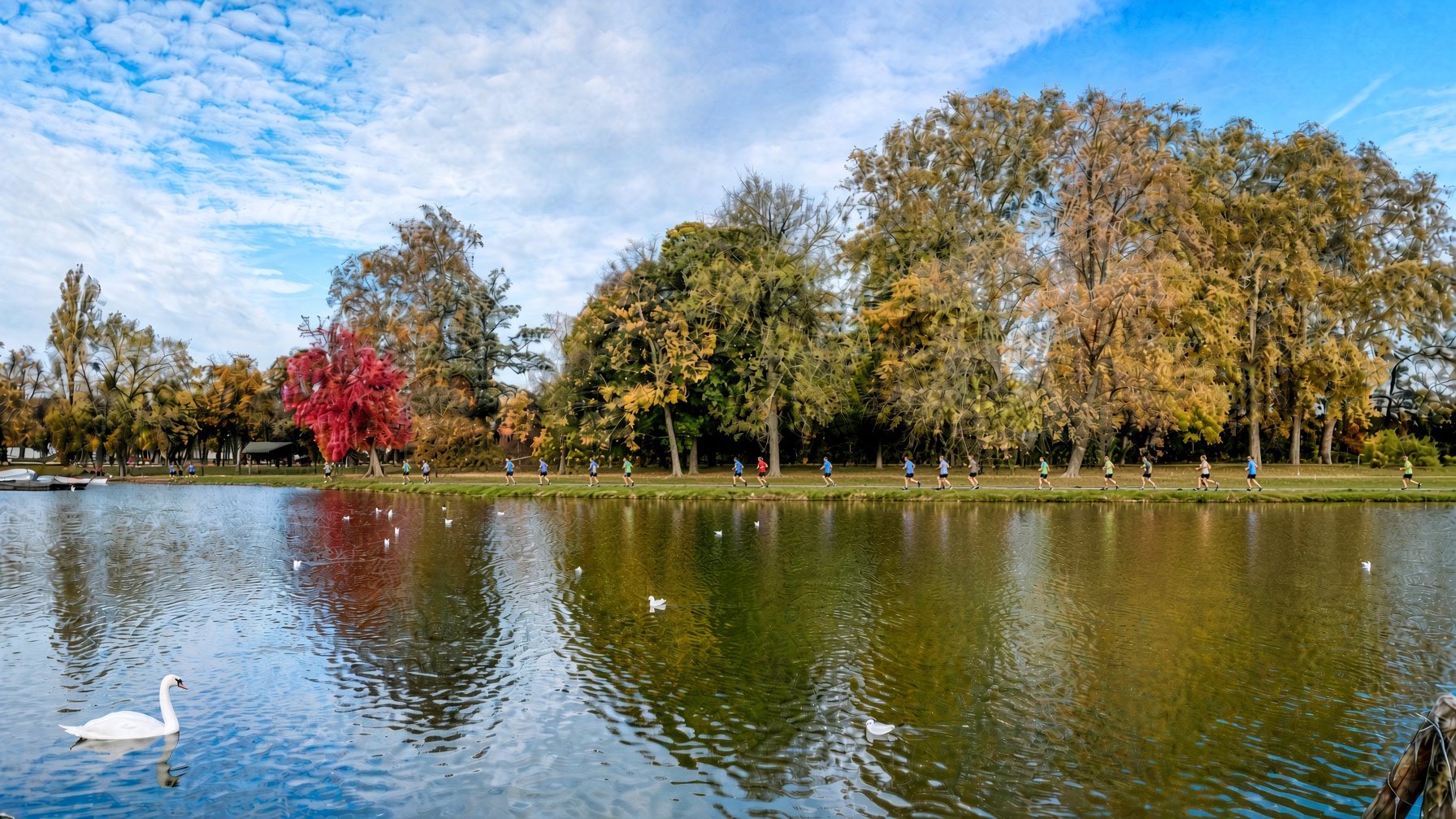 Coureurs sur l’île, de l’autre côté de l’eau, dans le bois de Vincennes.